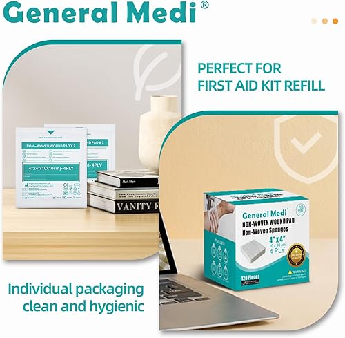 Miniatura 6 de General Medi Esponjas de gasa estéril, almohadillas no tejidas de 4 x 4 pulgadas, esponjas envueltas individualmente altamente absorbentes, para