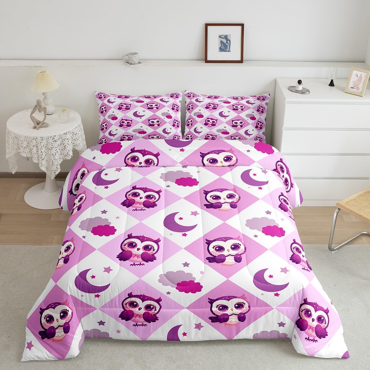 Castle Fairy Cartoon Owl Comforter Set Toddler Size Hand Drawn Star Moon Bedding Set Kids Boys Girls Kawaii Jungle Animal All Season Quilt Set Pink Violet Checkered Plaid Bedding Comforter Sets,2Pcs