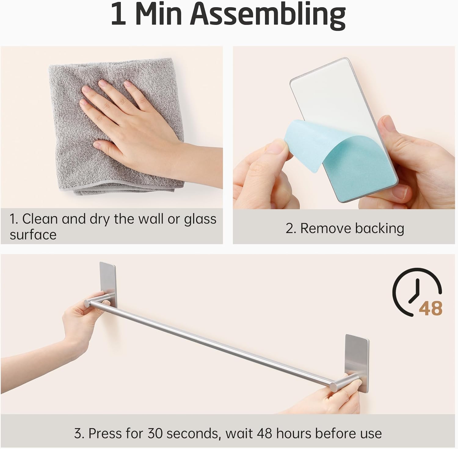 KES Self Adhesive Bathroom Towel Bar, No Drill Towel Bar 24-Inch for Bathroom Towel Hangers Stick on Sticky Towel Holder SUS304 Stainless Steel Rustproof Brushed Finish, A7000S60B-2