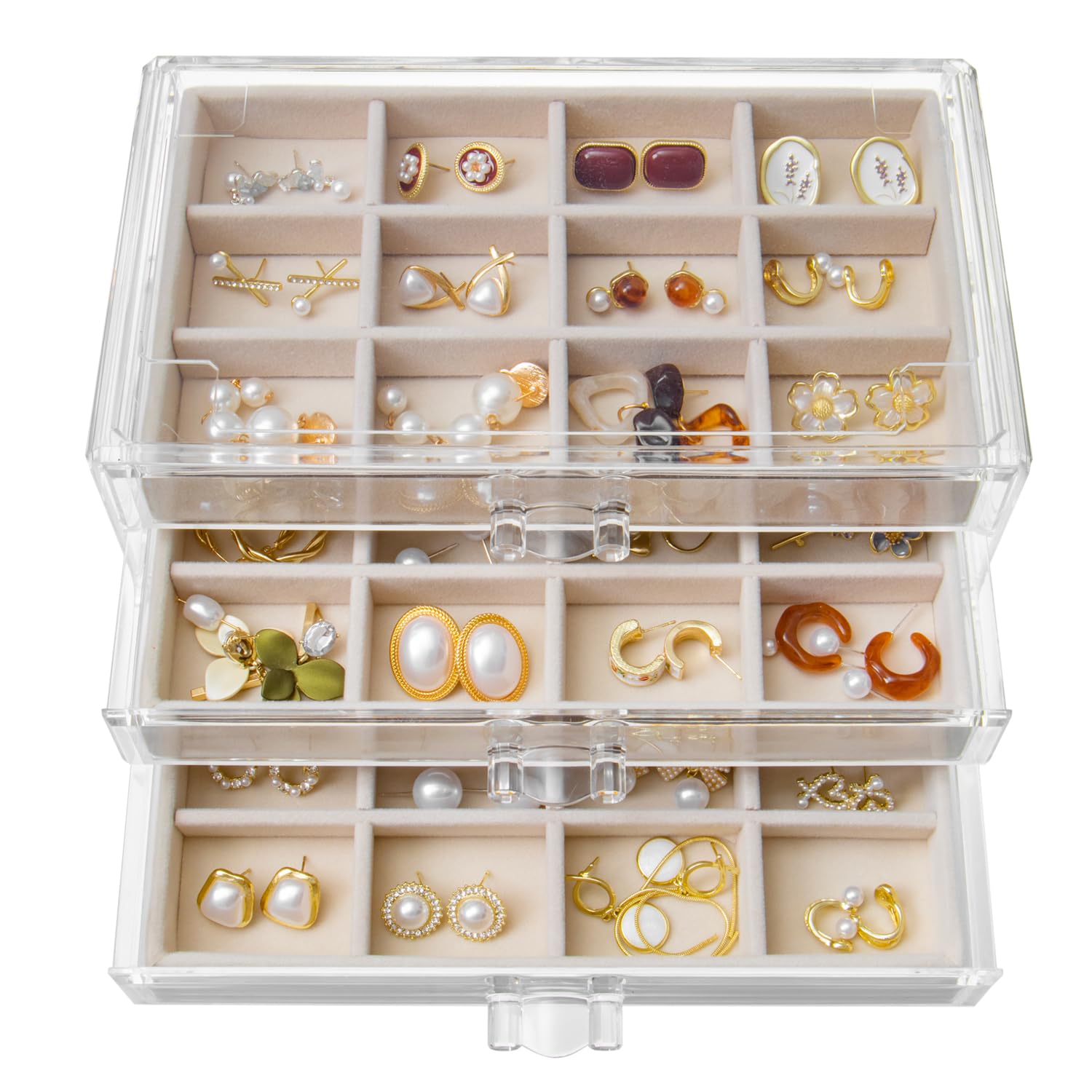 YUFONG Earring Organizer Box Acrylic Velvet Jewelry Organizer with 3 Drawers 36 Adjustable Grids Clear Stackable Earring Holder Trays Display Case for Women Girls (Beige, 36 Girds B)