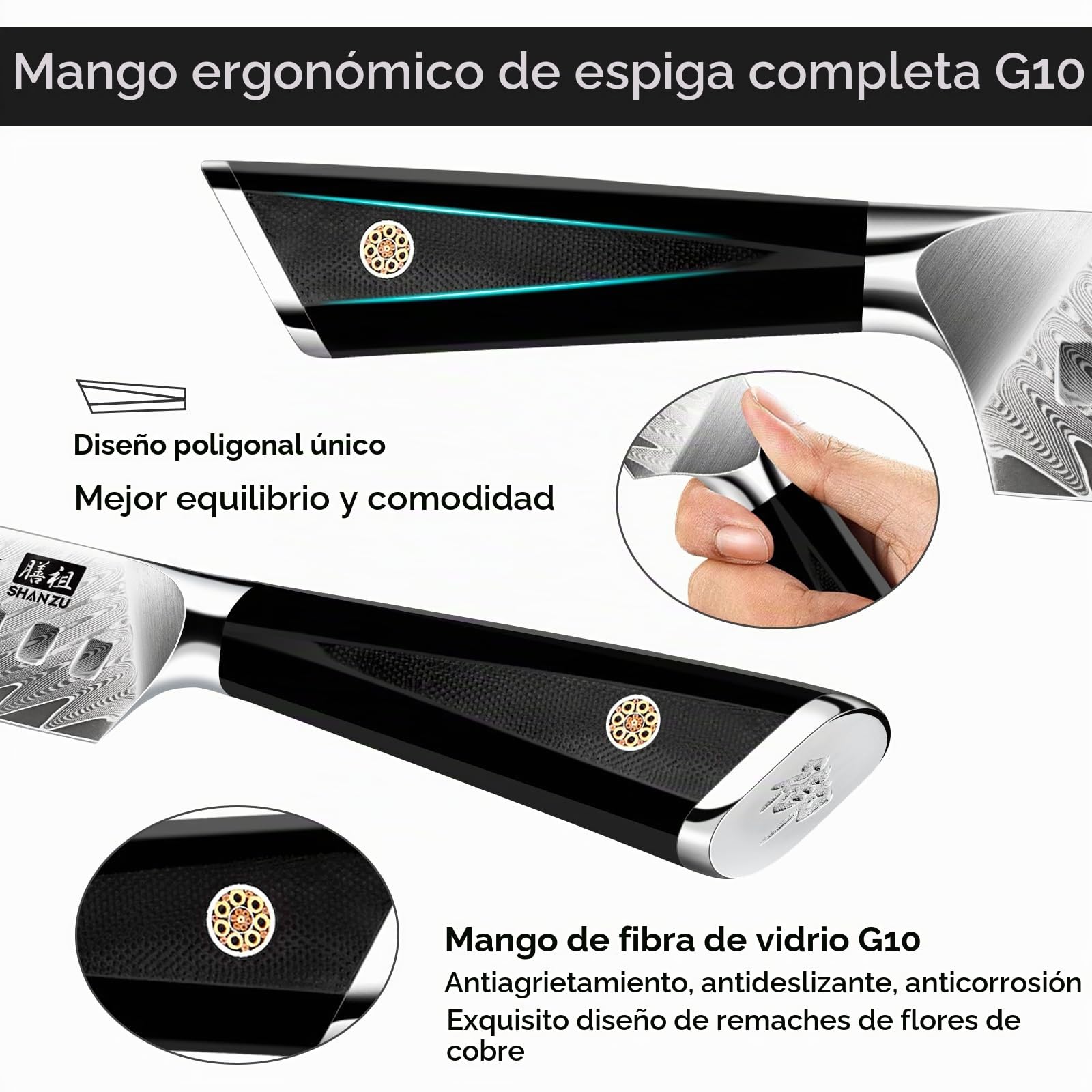 SHAN ZU Cuchillo Santoku, Cuchillo de Cocina Damasco de Acero 10Cr15MoV de 67 Capas, Cuchillo Japones con Mango G10, Cuchillo de Cocinero Profesional, Súper Afilada para Cortar Verdura, Fruta, Carne