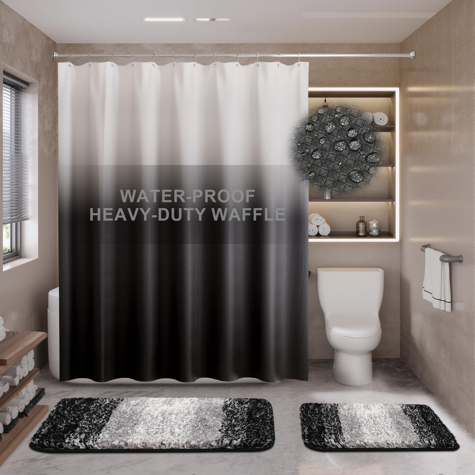 15 Pcs Shower Curtain Set Black Bathroom Sets with Shower Curtain and Rugs Ombre Waterproof Thicken Waffle Shower Curtain with 2 Piece Non-Slip Luxury