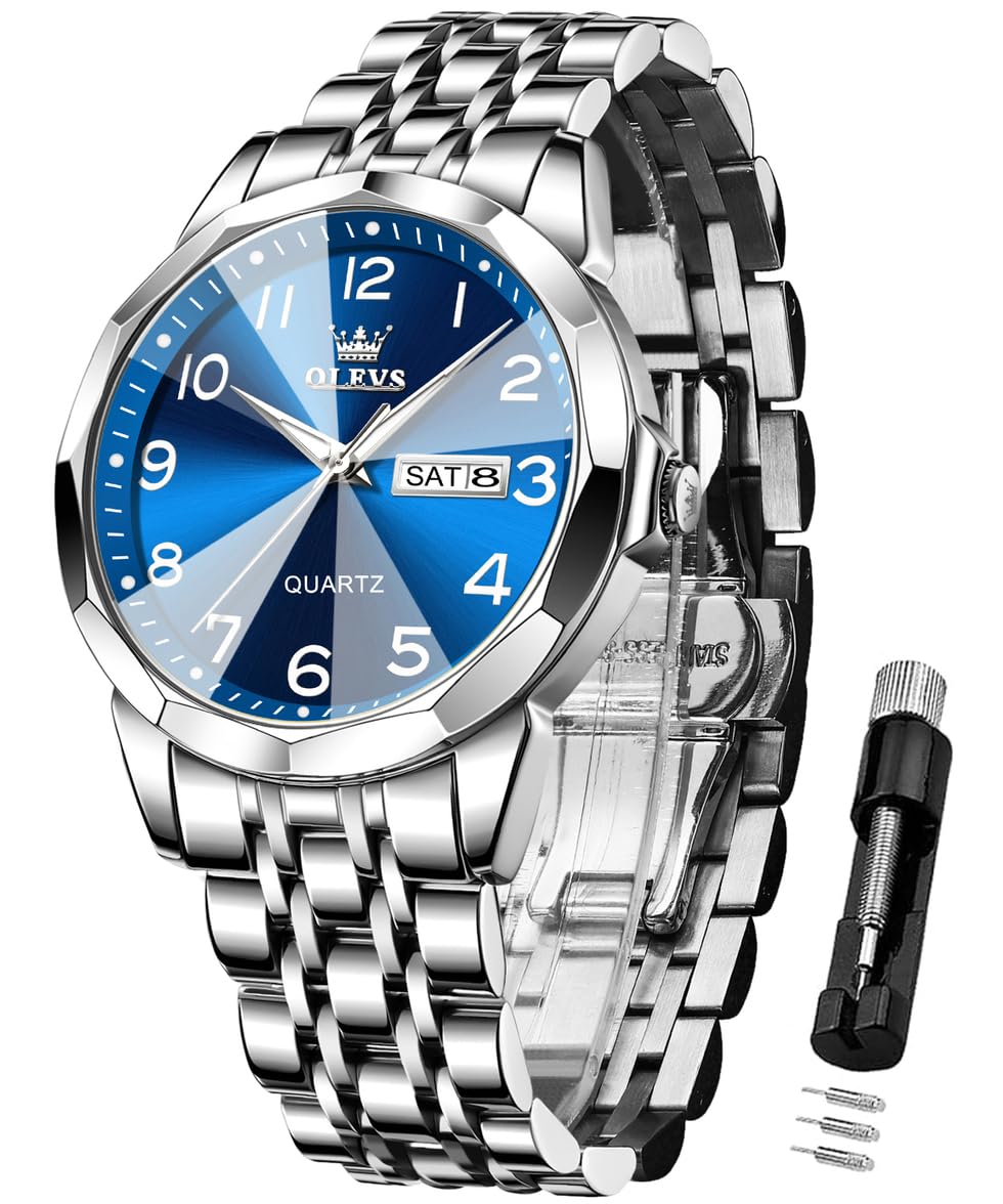 OLEVS Watches for Men Analog Quartz Luxury Dress Stainless Steel Waterproof Luminous Date Business Two Tone Casual Wrist Watch Silver Blue (B0D4YCJX6Q) Amazon Price History, Amazon Price Tracker