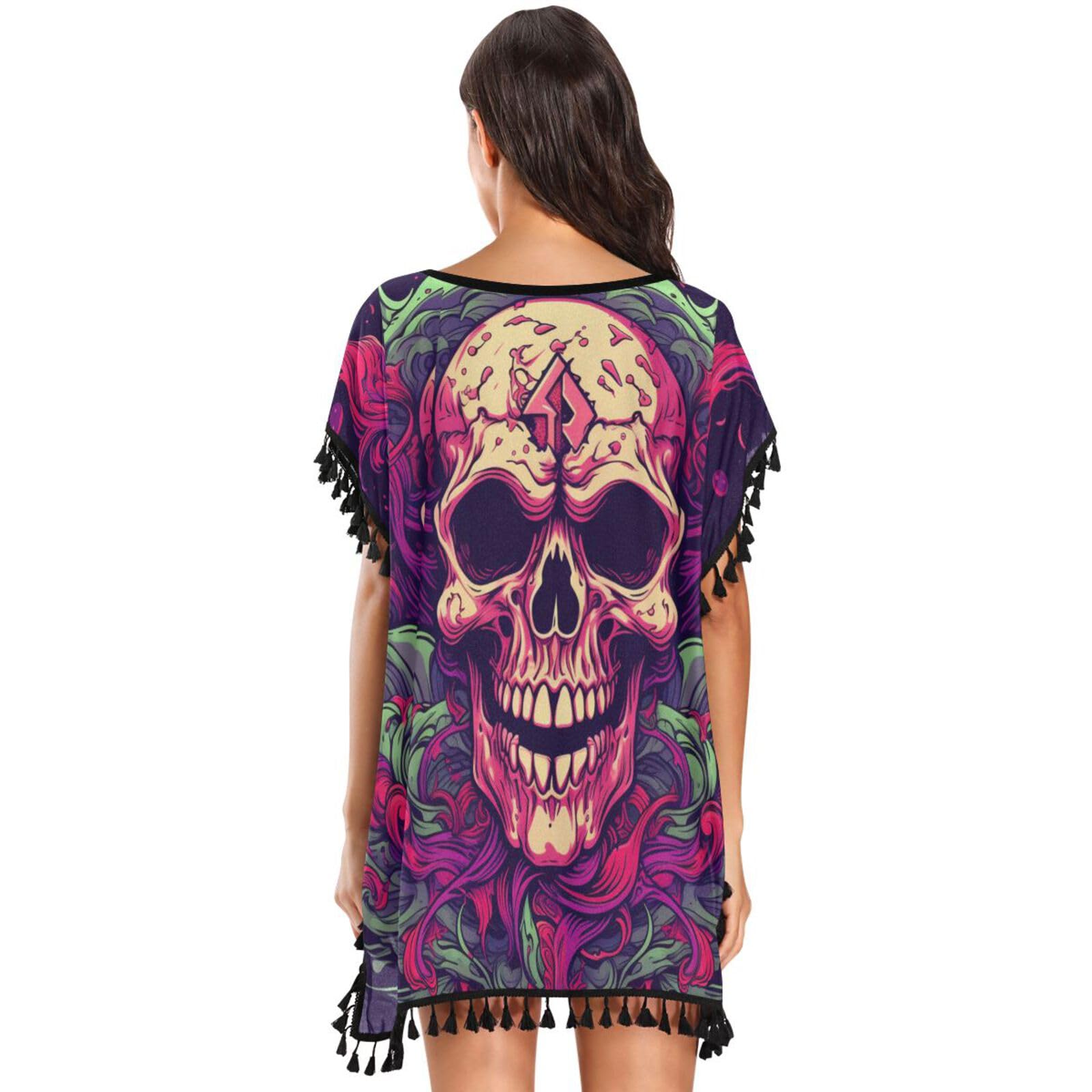 Flames Skull Abstract Art Women's Beach Cover Up Chiffon Tassel Swimwear Swimsuit Coverups for Girl