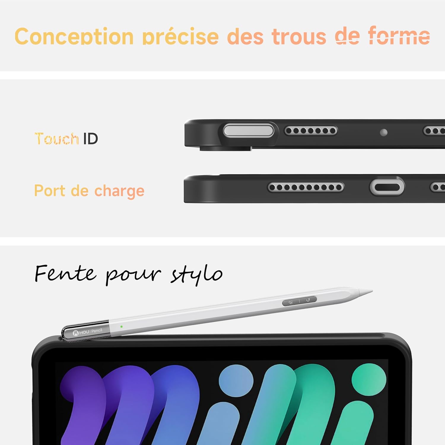 HOU Keyboard Case with precise cutouts for Touch ID, charging port, and pen slot