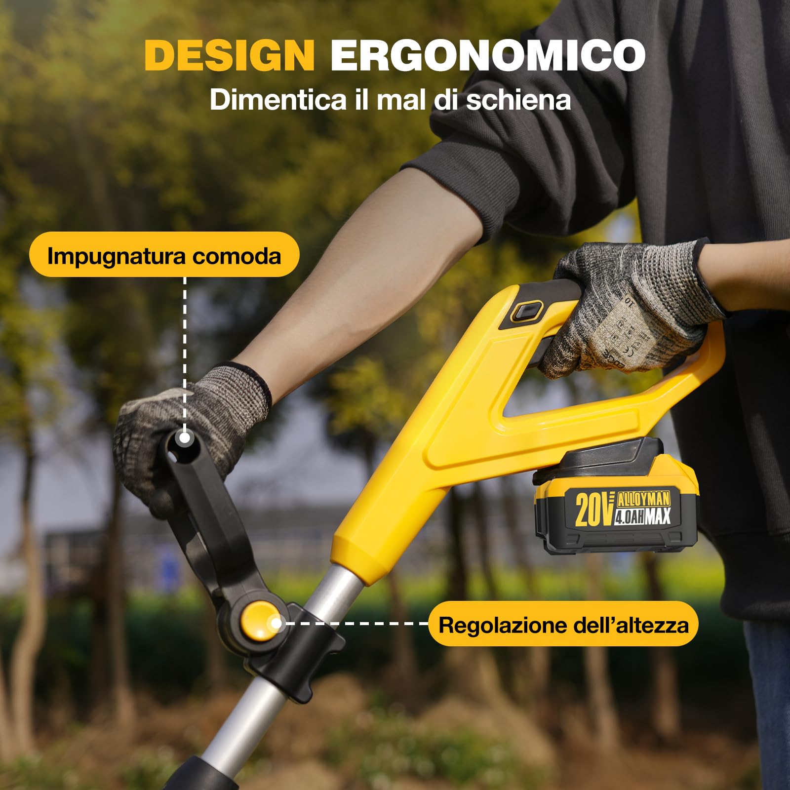 Alloyman Motozappa elettrica da 20V, fresa da giardino, batteria da 360 giri/min, con 2 batterie da 4,0 Ah e caricabatterie, larghezza di lavoro 23 cm, profondità 17 cm, Motozappa per terreni