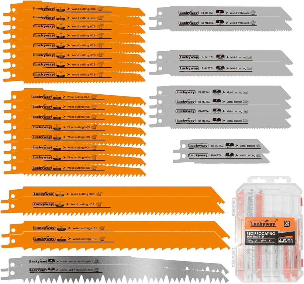 Luckyway Reciprocating Saw Blades Set, Sawzall Blades Set, Metal/Woodcutting Saw Blades, Pruner Saw Blades with Tough Storage Case 32-Piece