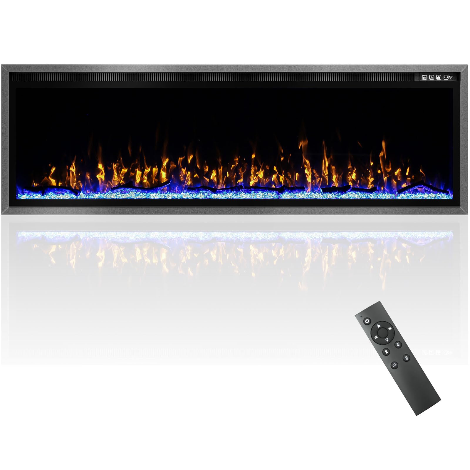 BREEZEHEAT 60 Inch Electric Fireplace-Recessed & Wall Mounted Linear Fireplace-750W/1500W Heater w/Temperature Control, Log & Crystal Options, Adjustable Flame, Remote Control
