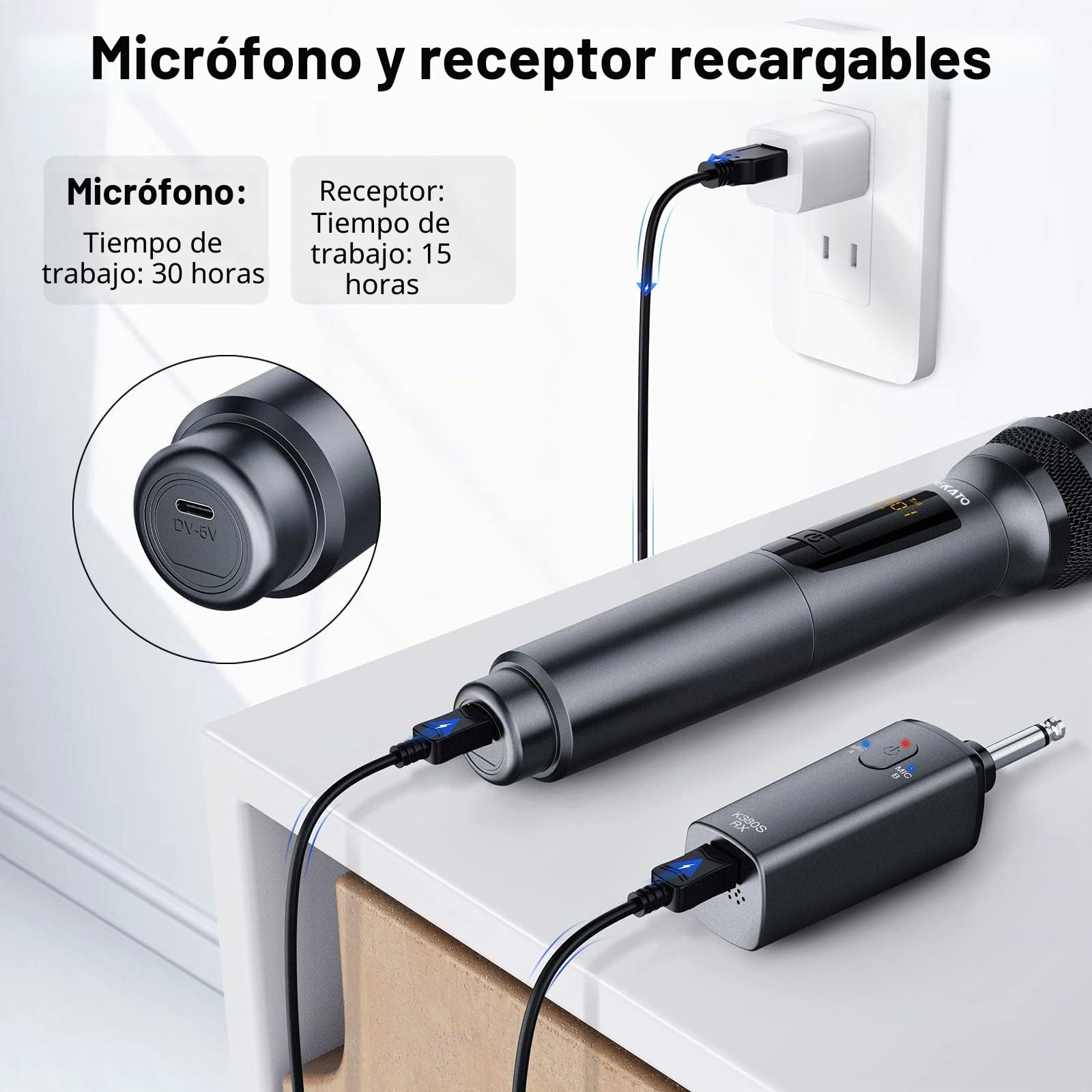 LEKATO Micrófonos inalámbricos de Metal de 2,4 GHz Micrófono de Canto Recargable Micrófono de Mano inalámbrico Dual hasta 30 Horas de Tiempo de ejecución Juego de micrófonos de Karaoke
