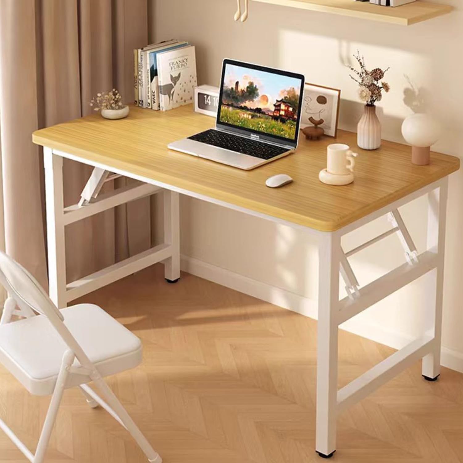 HDOFM 47.2 Inch Folding Table，Square Folding Desks for Small Space,Small Foldable Desk No Assembly,White..