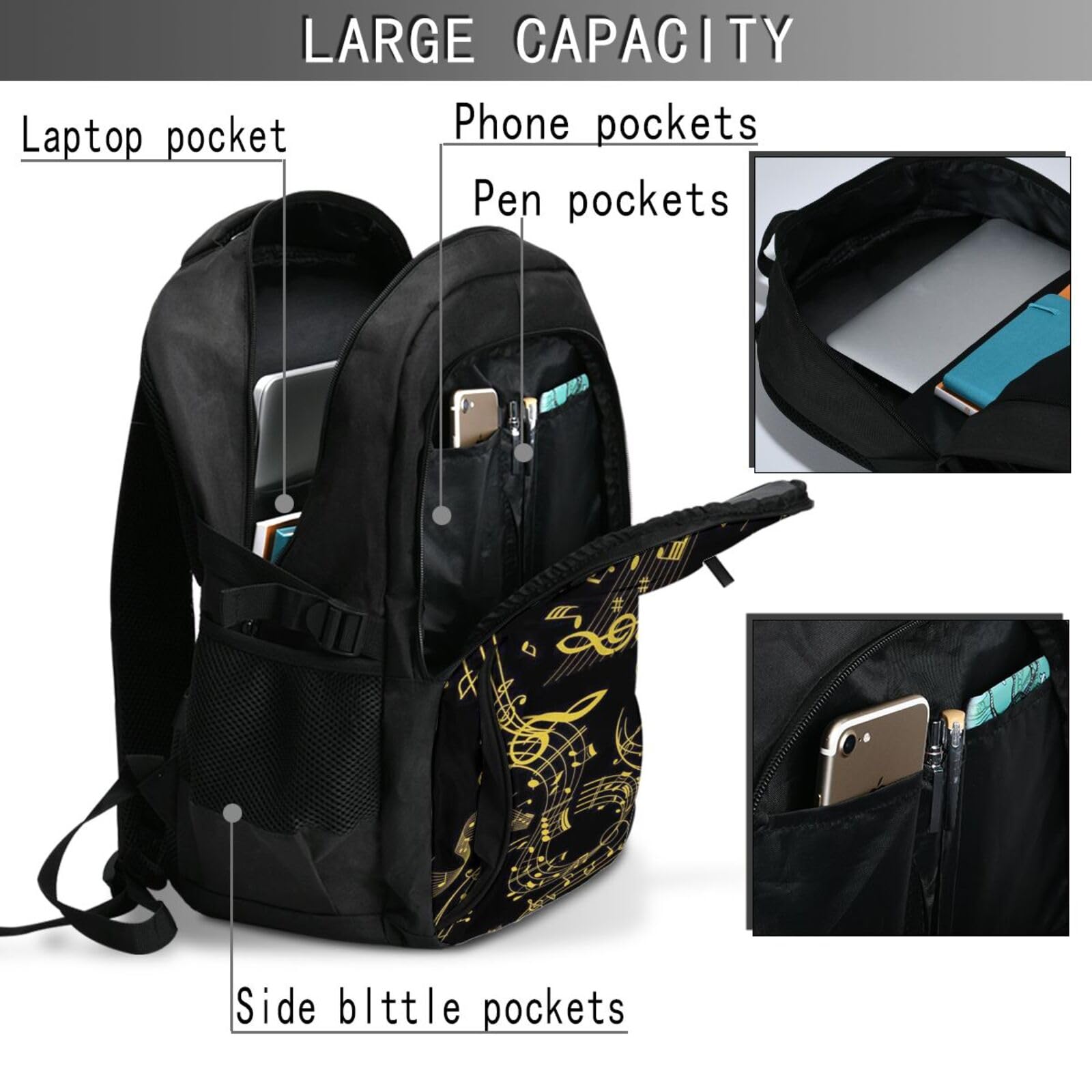 InOmak Schwarze Musiknoten, Reiserucksack, Freizeitrucksack, Schulrucksack, Laptop-Rucksack für Damen und Herren