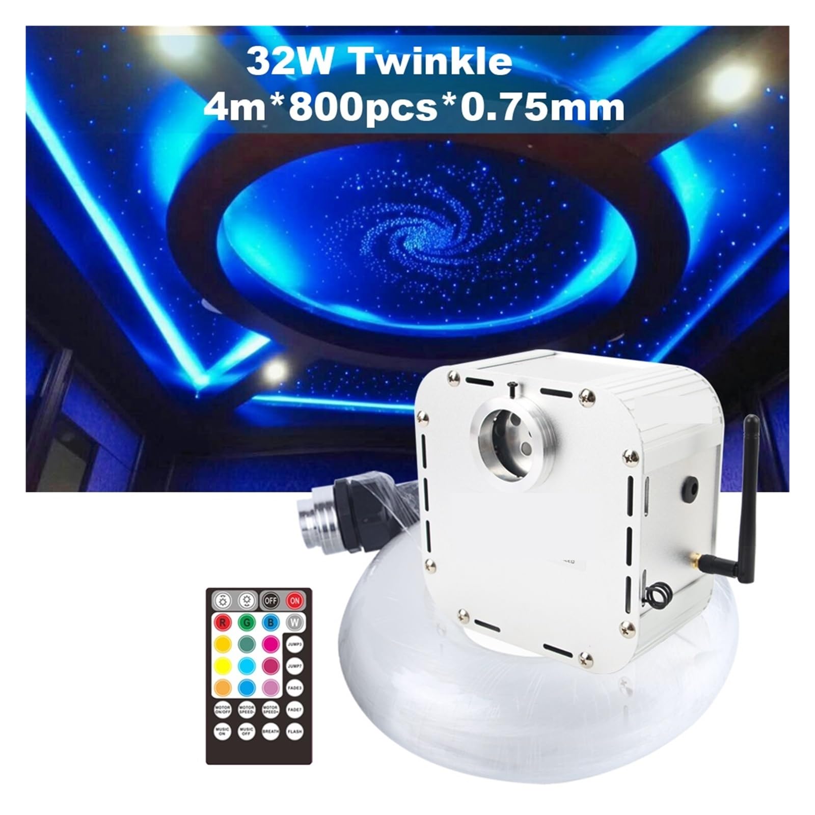 Zestaw oświetlenia światłowodowego Twinkle 32 W RGBW, 800 szt. 4 m 0,75 mm Kabel zdalnego sterowania, sterowanie muzyką Oświetlenie sufitowe gwiazdy,Wytrzymały