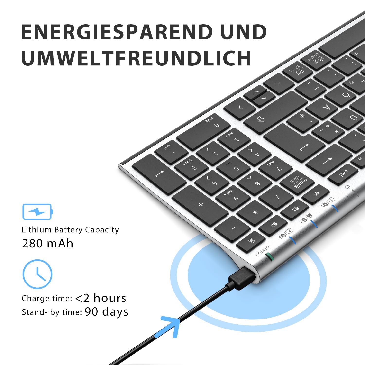 iClever BK10 Clavier Bluetooth sans fil rechargeable avec 3 canaux Bluetooth, connexion stable, design ergonomique ultra fin, clavier sans fil pour iOS, Android, Windows