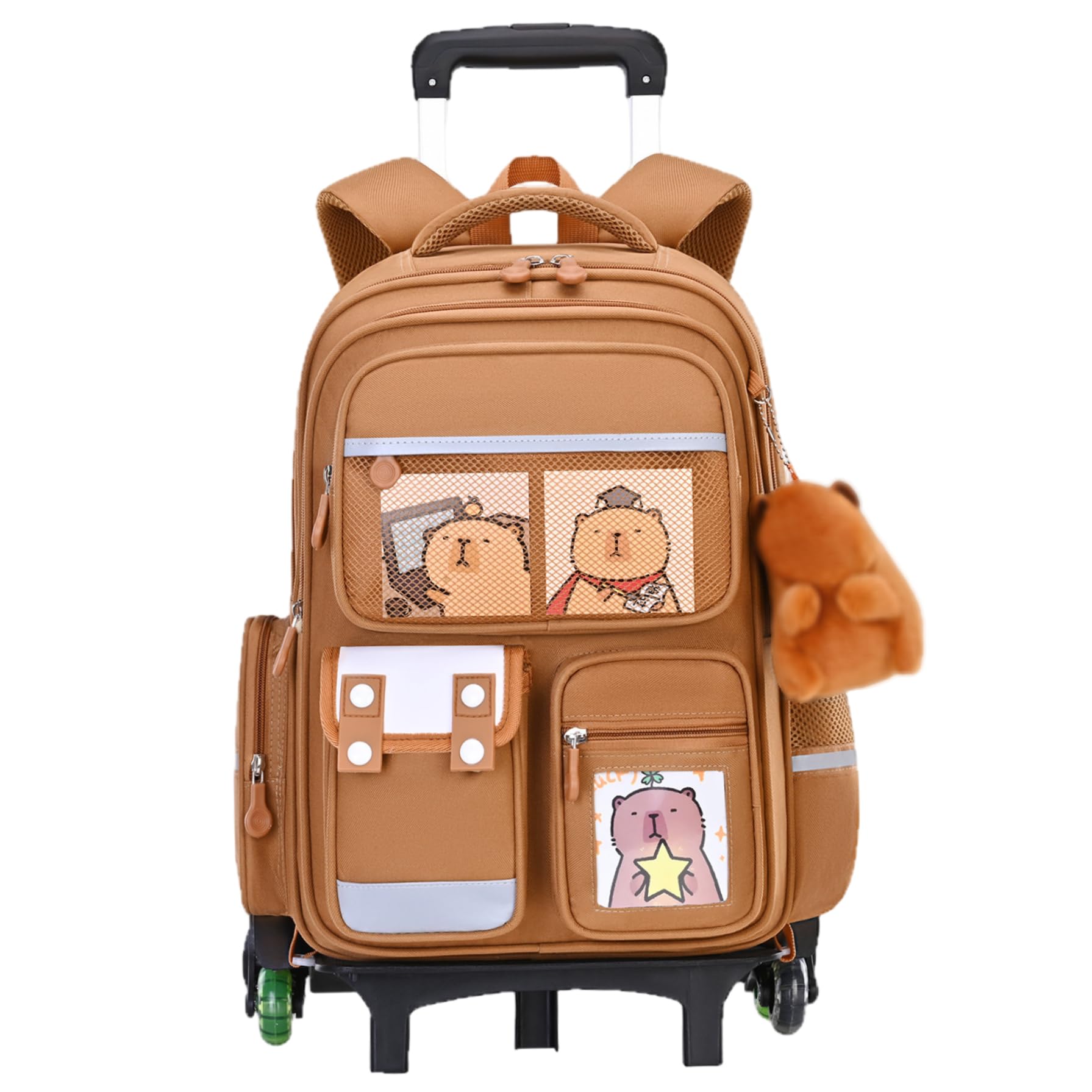Zaino Trolley con 6 Ruote Zaino Capibara di Capacità con Maniglia Retrattile Borsa da Scuola Impermeabile per Cartoni Animati Cinghia Riflettente per Bambini Ragazzi Ragazze Studenti, Decorazi