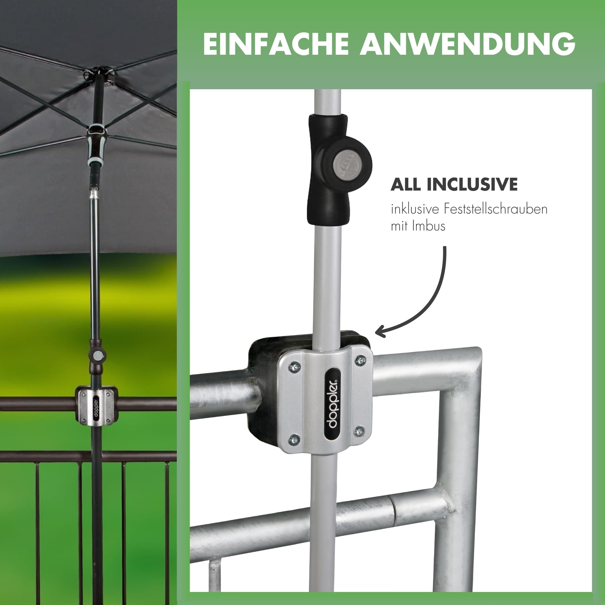Doppler Balkonklammer Fix Vario – Praktische Balkonhalterung zur Montage eines Sonnenschirmes an runde Geländer – Platzsparend