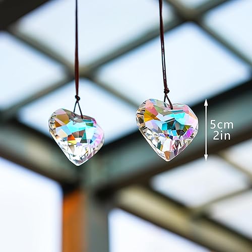 Miniatura 3 de H&D HYALINE & DORA 2PCS 50mm Suncatcher Crystal Heart Prisms Hanging for Windows,AB Color Heart Shape Prisms Rainbow, Glass Chandelier Prism Sun Ab