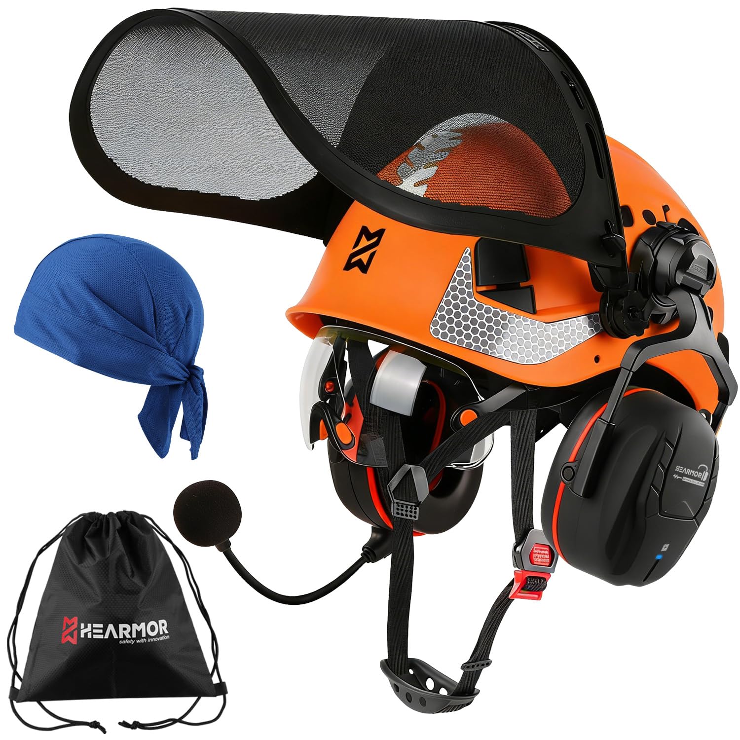 HEARMOR VOLTEK - Casco de seguridad para silvicultura (ABS, equipado con Bluetooth 5.3, protección para los oídos LD HM, ofrece una protección completa para la cabeza, los ojos, la cara y el oído, a