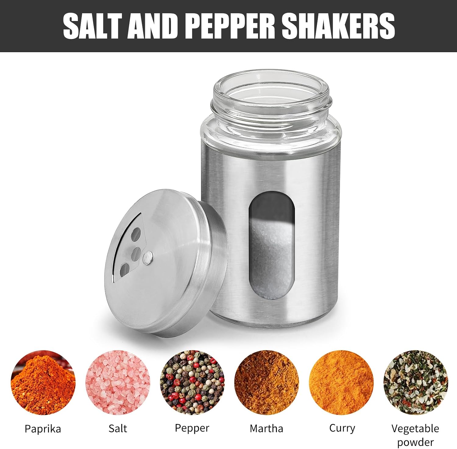 6Pcs 3oz Flour Shaker Container with Adjustable Lid, Small Dredge Shaker, Spice Shakers with Holes, Stainless Steel and Glass Set Salt and Spice Shaker for Kitchen (6, stainless steel)