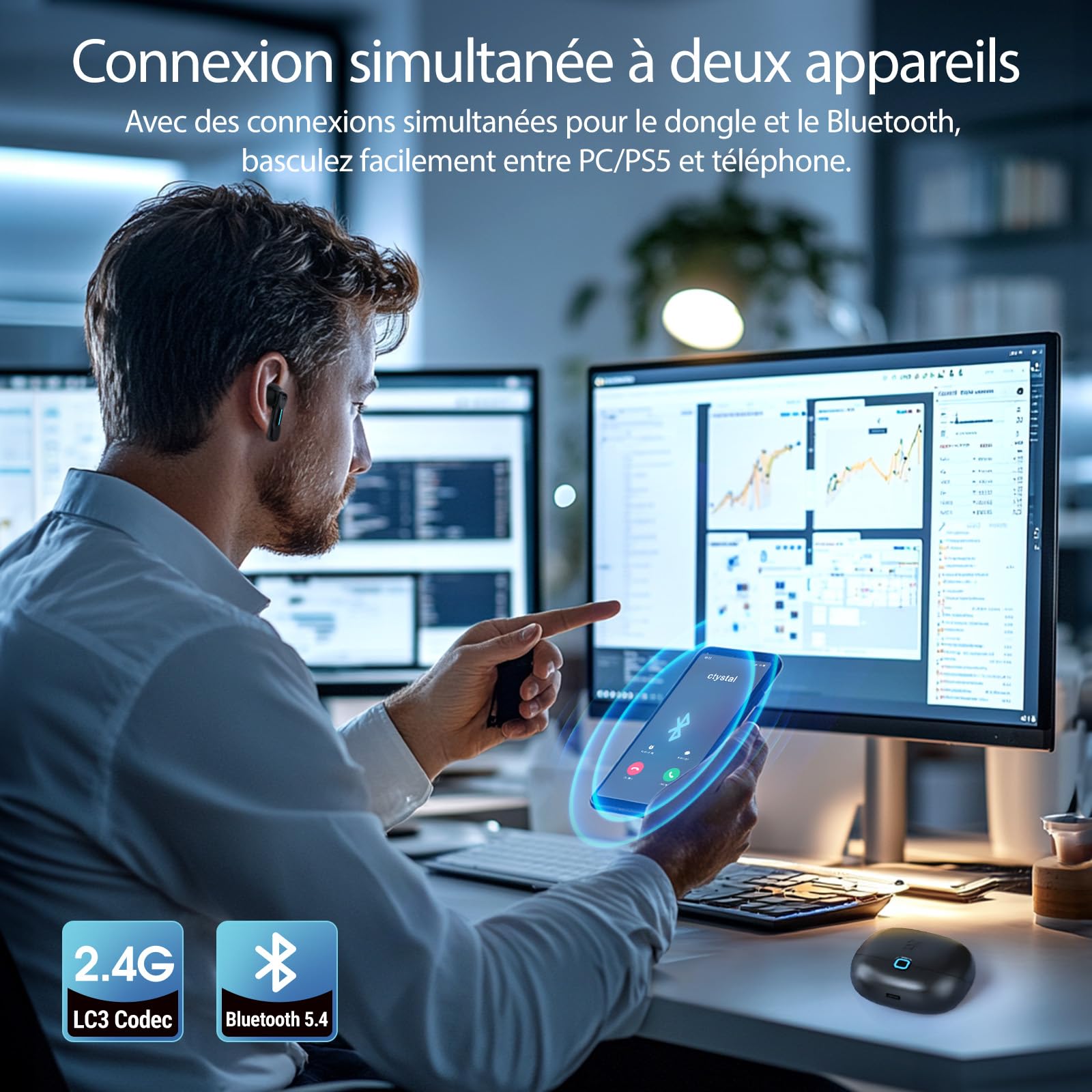 Écouteurs gaming sans fil SW5 avec Bluetooth 5.4 et dongle 2,4 GHz, casque sans fil IPX4 résistant à l'eau avec mic AI, 20 ms latence ultra-faible avec PC,Switch,VR,PS5,ordinateur de bureau,mobile