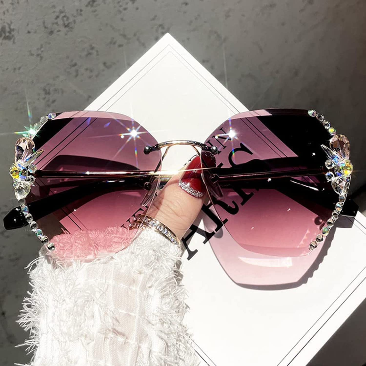 Gafas de Sol de Diamante sin Montura para Mujer 2022, Gafas de Sol de Diamante Degradado de Gran tamaño, Gafas de Sol de Cristal con protección UV