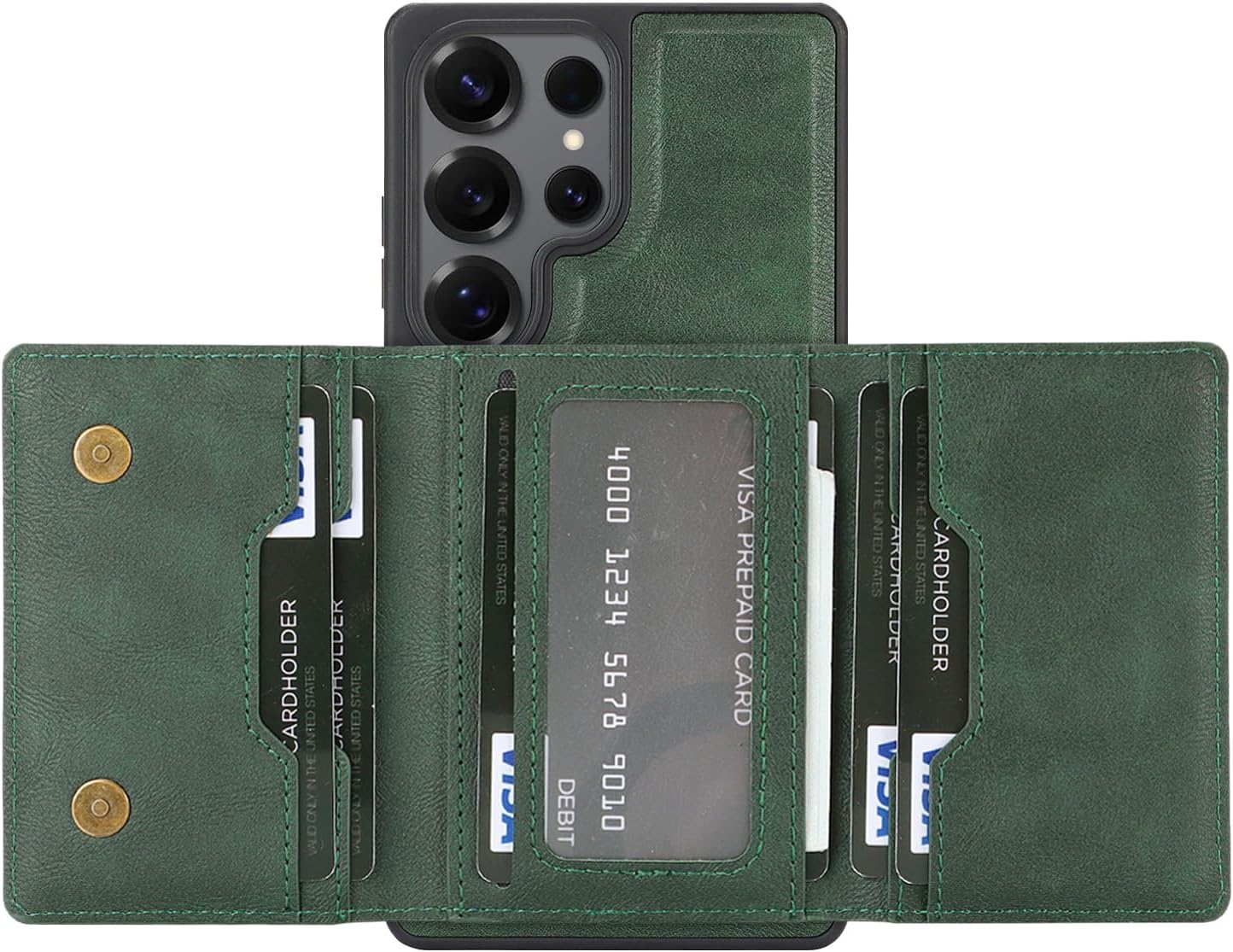 2-in-1 Protective Case for Samsung Galaxy S24 Ultra with Detachable Magnetic Wallet Card Holder Supports Magnetic Wireless Charging Premium PU Leather Bracket Function (Green)