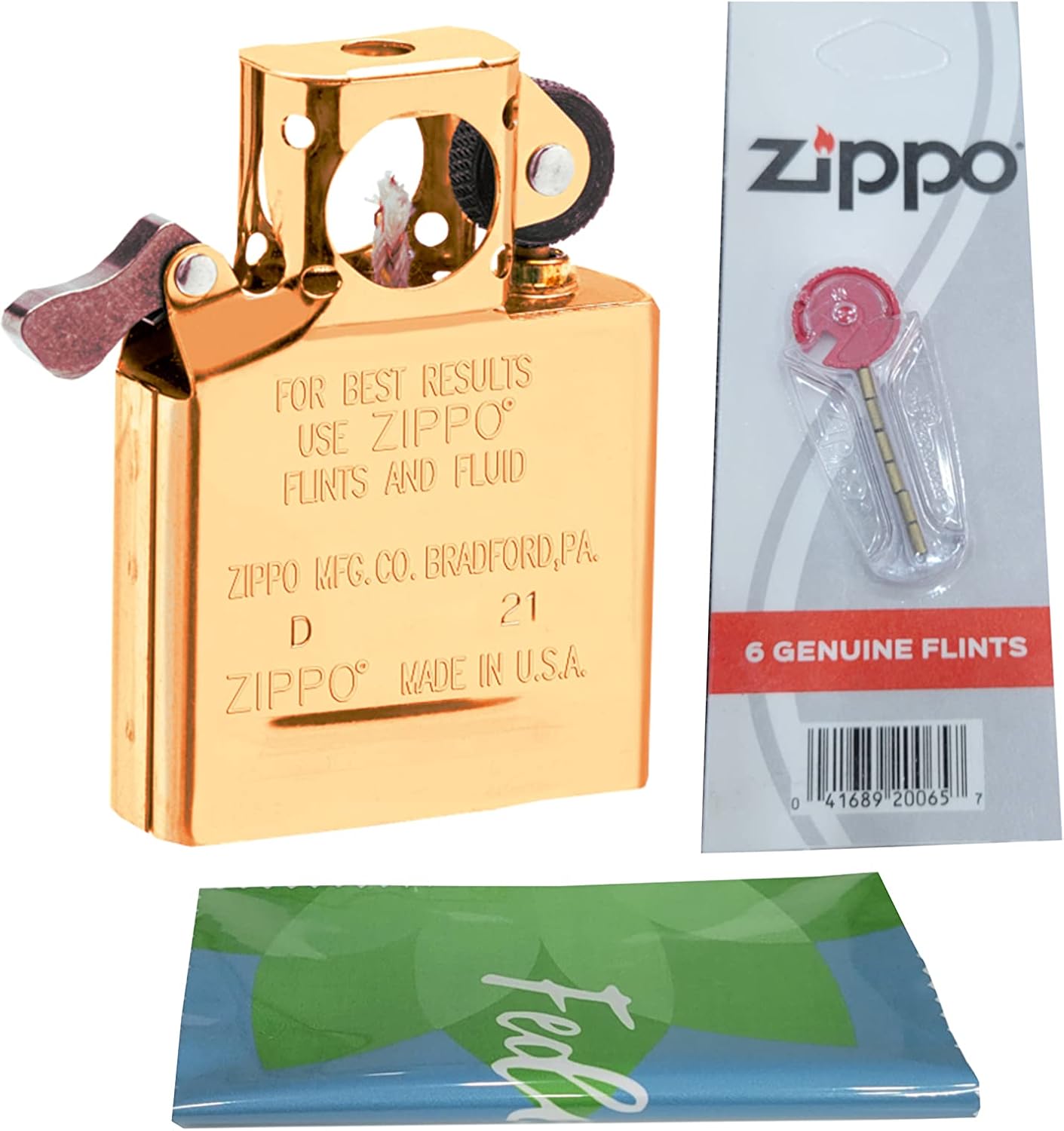 Zippo Gold Pipe Lighter Insert Plus Six Bonus Flints and a Microfiber
