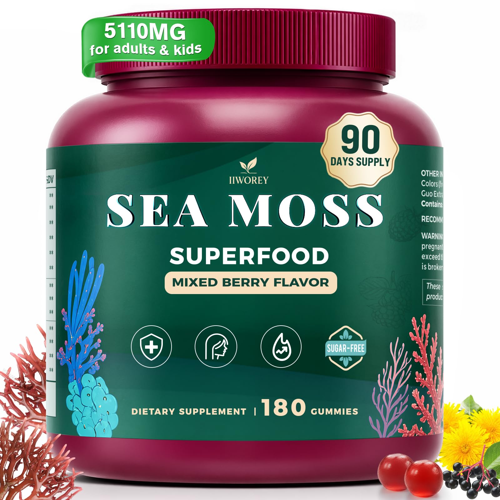 Sea Moss Gummies, 15-in-1 Natural Irish Seamoss Gummies for Adults & Kids 180 Count (Pack of 1)