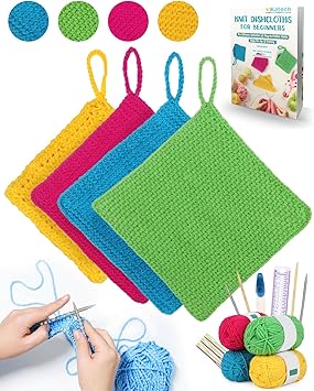 Katech Knitting Kit for Beginners-Learn to Knit Dishcloth-Beginner Knitting Kit for Adults with Knitting Book, Knitting Needles,Beginner Yarn, Yarn Needle, Craft Kits Gift Beginner to Expert