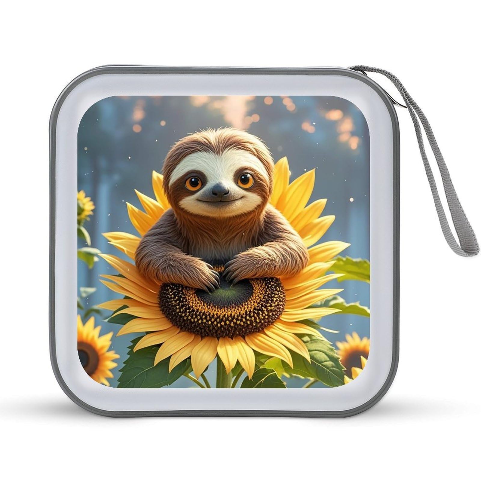 Cartoon Sloth Sitting on Sunflower CD Case DVD Case Holder Wallet 40 Capacity Hard Plastic CD/DVD Portable Storage Binder Zipper DVD Disc Cases CD Storage Organizer Holder for Car Home Office