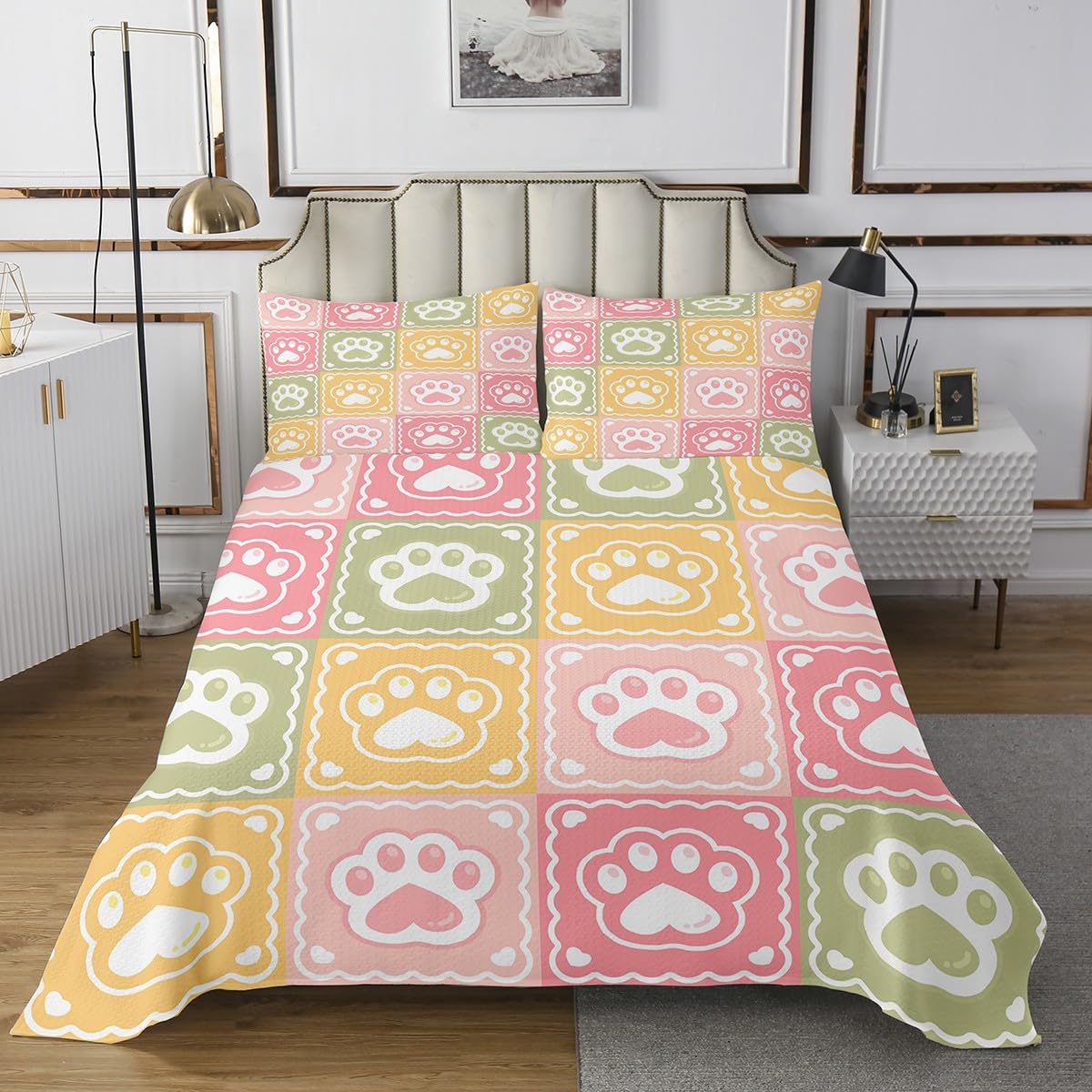 Manfei Colorful Rainbow Grid Geometry Bedspread Queen Size Bedding for Teens Living Room Cute Dog Paw Print Decor Coverlet Set Puppy Kawaii Cartoon Quilt Set for All Season,3 Pcs with 2 Pillowcases