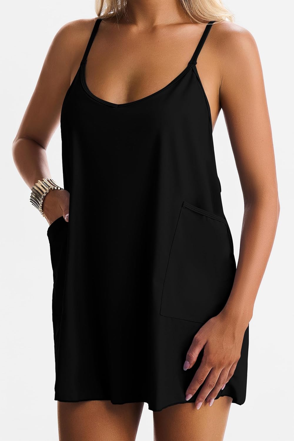 One Piece Swimdress Swimsuit for Women Two-in-One V Neck Swim Dresses Bathing Suit with Two Pocket Built in Shapewear