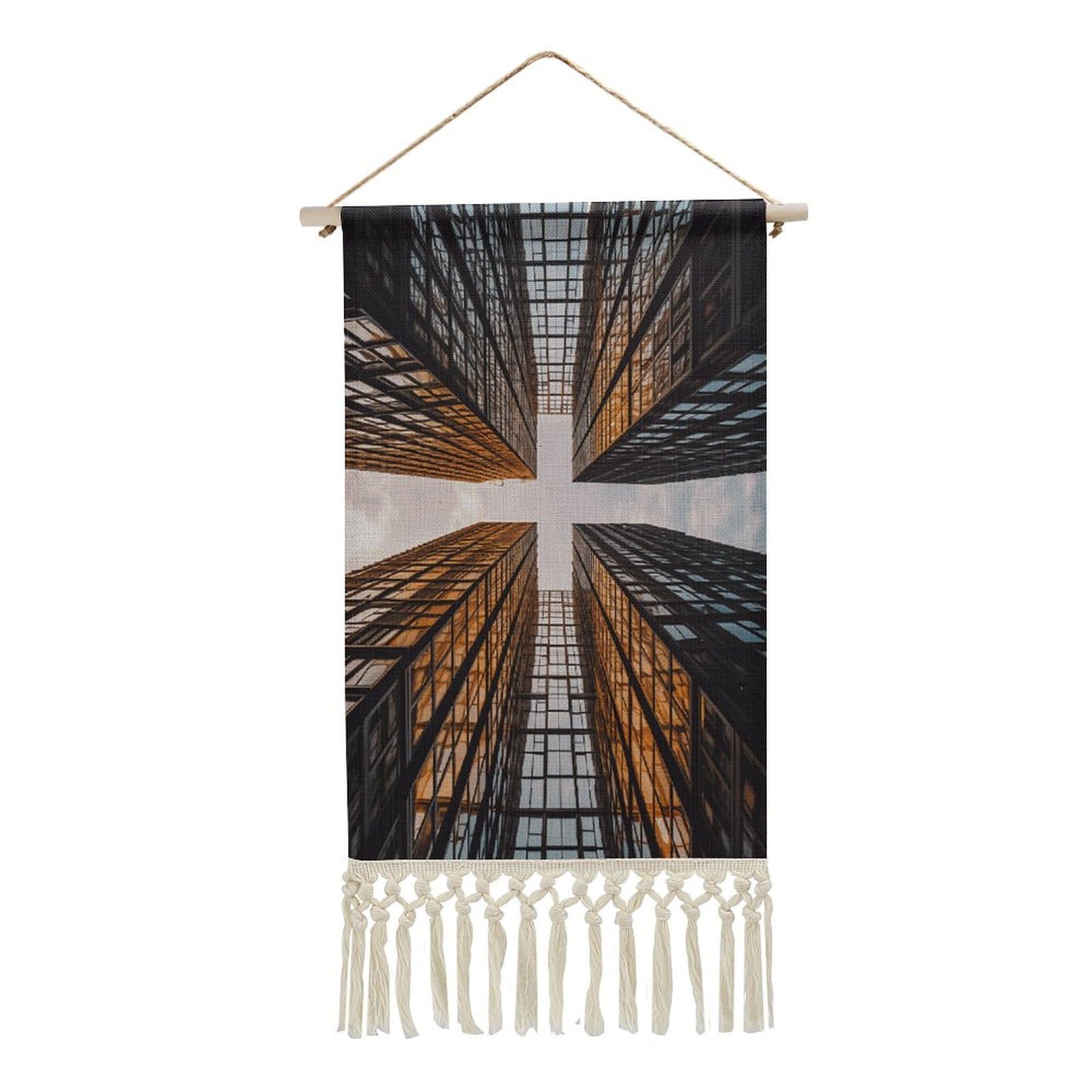 Adfgyerh Style Skyscraper Looking Up At Sky Tapestry With Tassels Cotton And Linen Hanging Posters, Wall Art For Travel Gift, Wall Tapestry For Office Home Decor Bedroom Living Room Decor