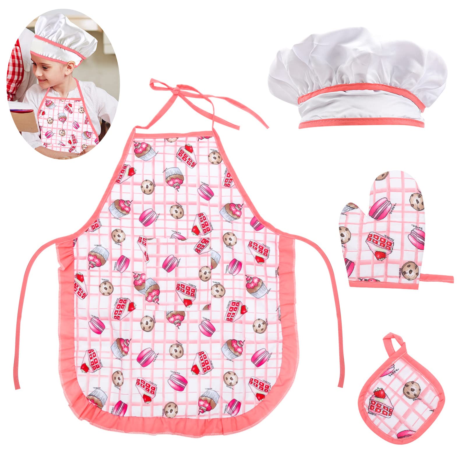 YiYFiT Kids Baking Set,Childrens Cake Chef Hat Apron Set Kitchen Role Play Chef Set Cooking Baking Set with Toddler Apron,Chef Hat,Cooking Mitt and Heat Resistant Pad for Girls Dress Up Ages 3+