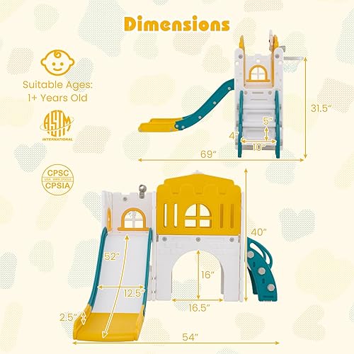 Miniatura 6 de Costzon Juego de tobogán 9 en 1 para niños pequeños, tobogán y escalador con aro de baloncesto, telescopio, volante, pasillo, túnel y espacio de