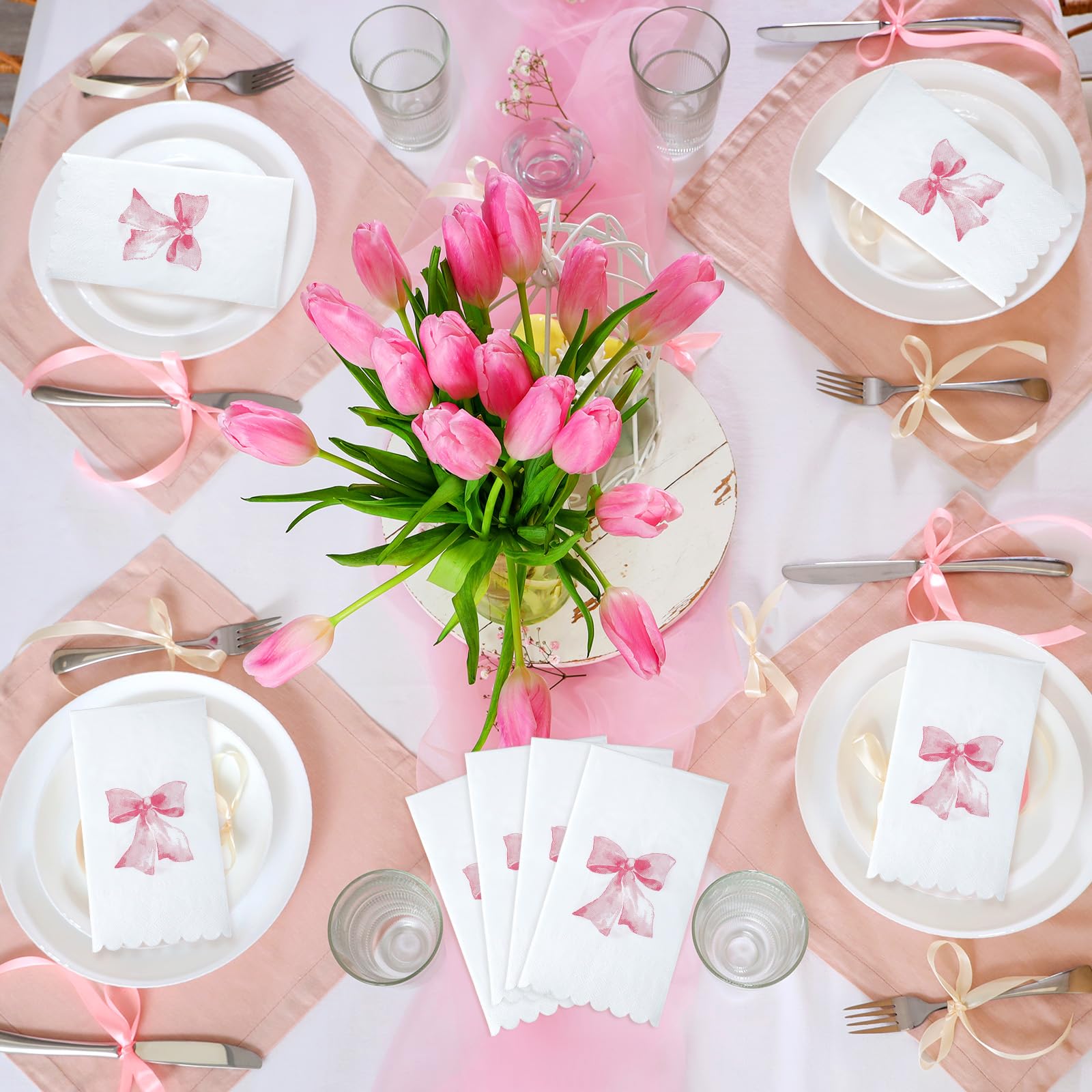 HunnmingRe 150 servilletas de lazo para decoupage, coqueta, suministros de fiesta, servilletas de papel desechables para despedida de soltera, baby shower, té, boda, cumpleaños (rosa, rectangular)