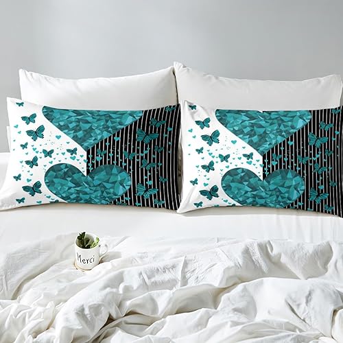 Miniatura 4 de Juego de sábanas bajeras para parejas, juego de ropa de cama de corazón turquesa con mariposa de cristal para niños y niñas, decoración del hogar,