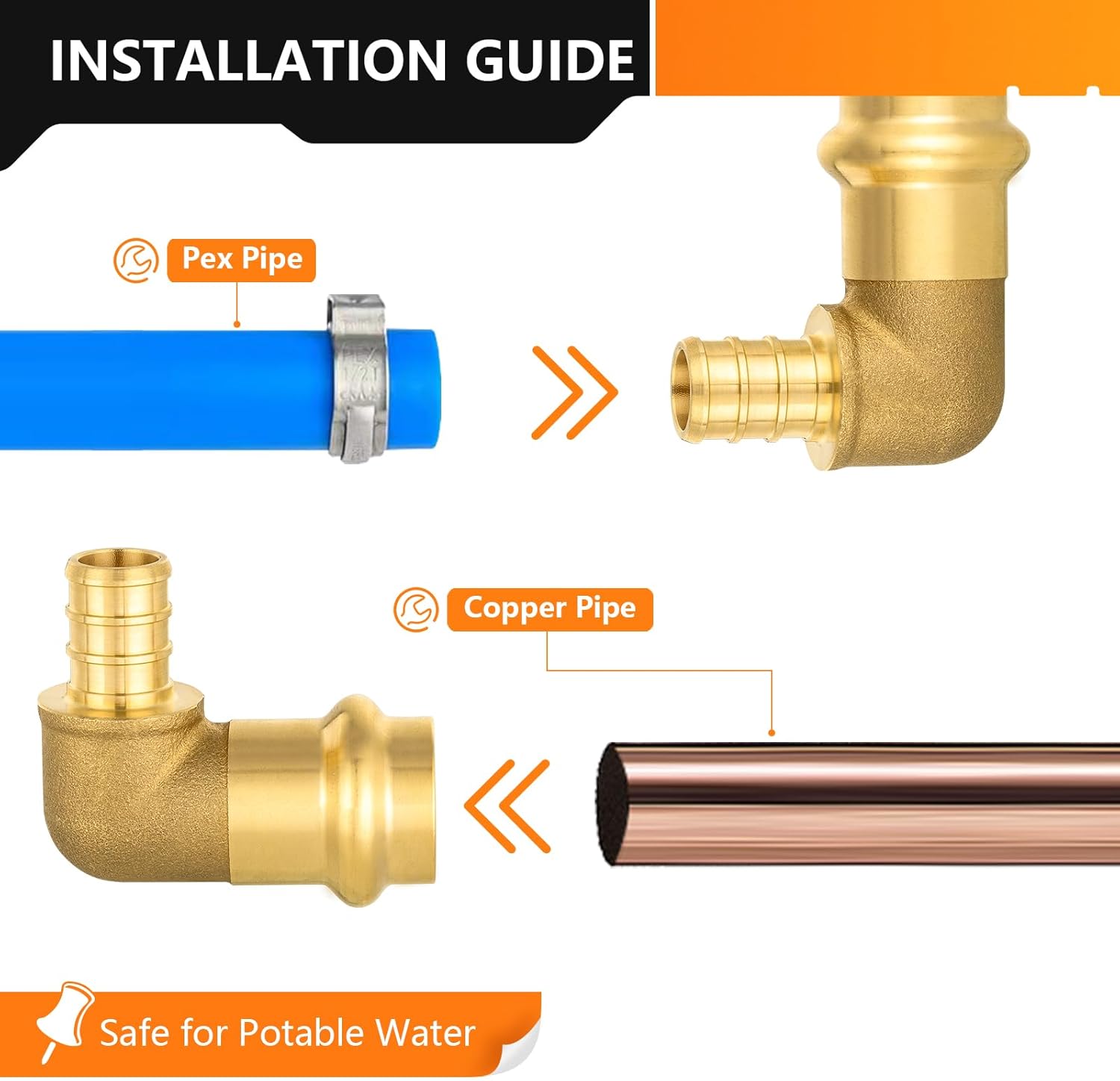 5-Pack HeSun Copper Press Fitting Elbow, 1/2" PRESS X 1/2" PEX F1807 Crimp Elbow, LF Brass
