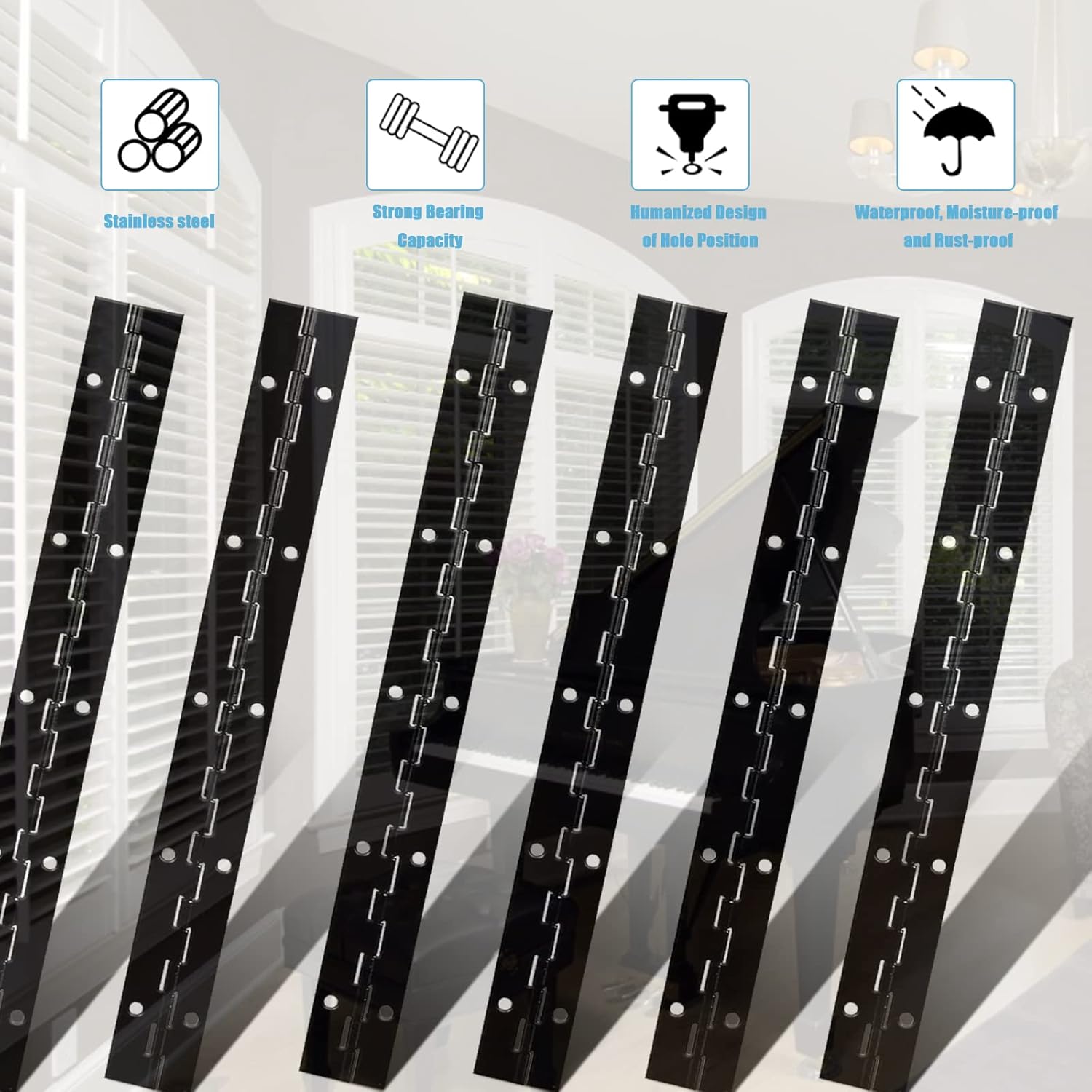 12In Piano Hinge Sets, 6Pcs Heavy Duty Door Hinges with Holes, Stainless Steel Piano Hinge for Mailbox, Wood Furniture Tool/Storage Boxes, Cabinets Door, Piano
