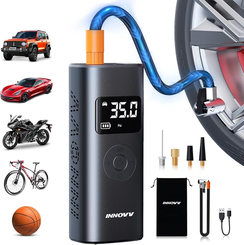 INNOVV P1 Hordozható Elektromos Pumpa 150 PSI - Digitális Nyomásmérővel és Vészvilágítással - Autó, Kerékpár, Motor Gumiabroncs Felfújó