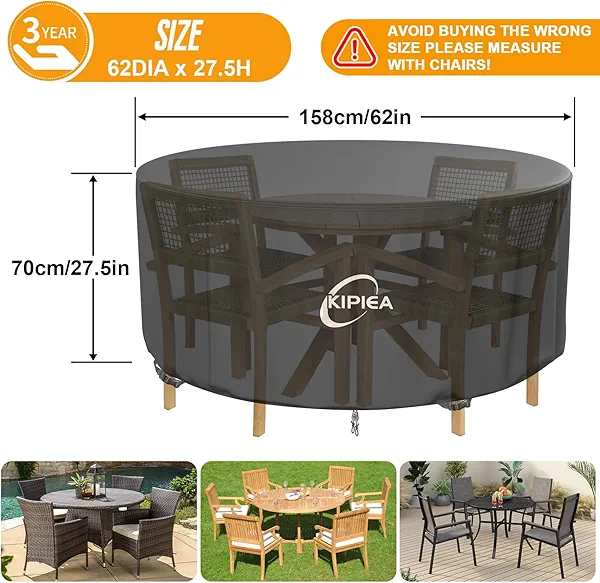 Kipiea Round Patio Table Cover Waterproof, Heavy-Duty Round Patio Furniture Covers, No Tears Anti UV No Fading (62" Dia x 27.5" H)