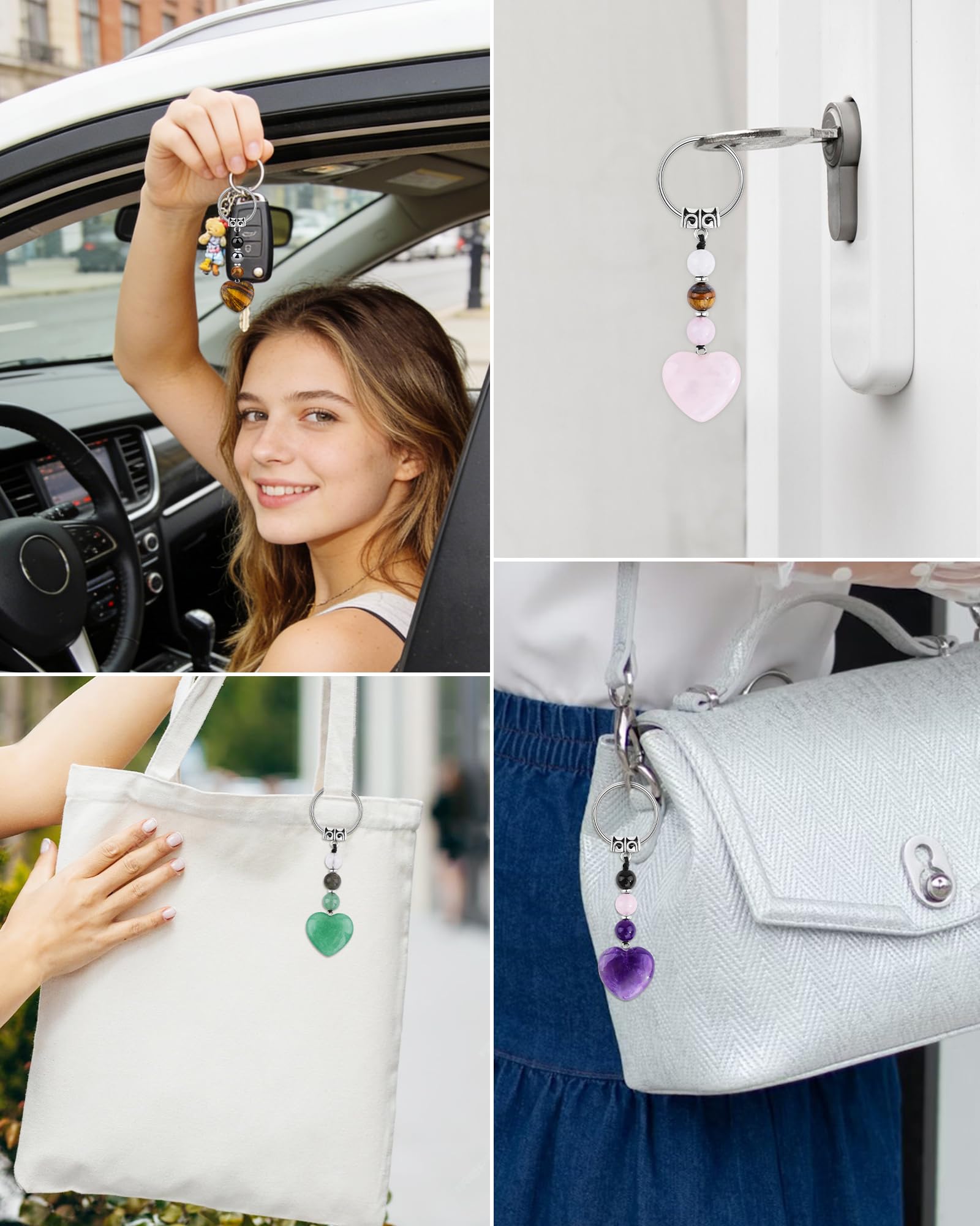 Seyaa Idée Cadeau pour Femme, Petit Cadeau pour Soeur Meilleure Amie Maman Collègue Marraine, pour Noël Anniversaire Retraite Pendaison de Crémaillère, Porte Clef Coeur Pierre Naturelle Bijoux de Sac - 5