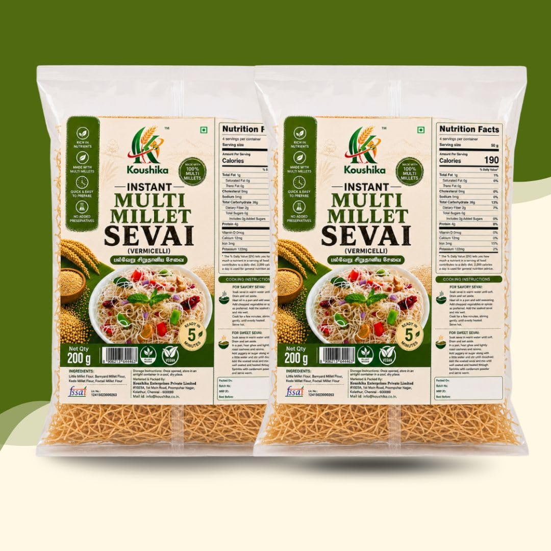 Koushika Multi Millet Sevai 200 g (Pack of 2) | Instant Millet Vermicelli | Ready to Cook | No Maida | High Fiber | South Indian Breakfast | 100% Vegetarian-image-49