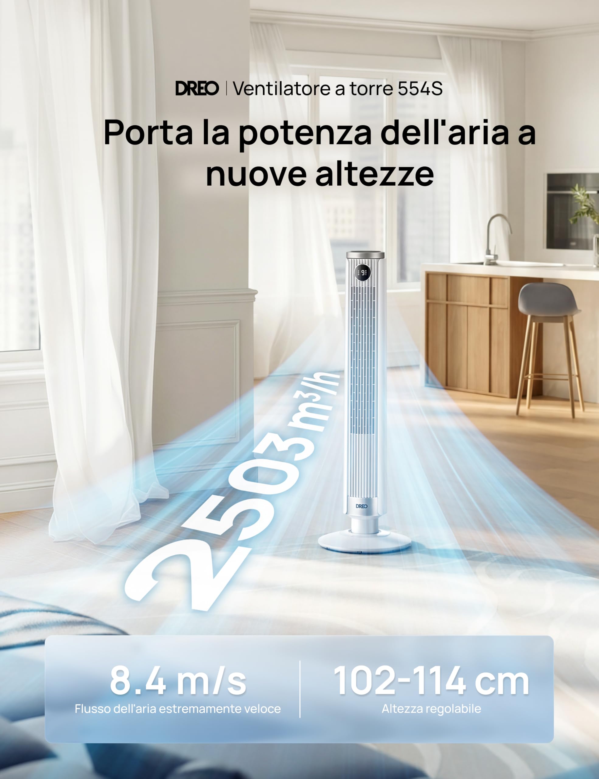 DREO Ventilatore a Torre Smart 554S, Ventilatore a Torre Regolabile 102–114cm per Camera, 8.4 m/s, Oscillazione 90°, Silenzioso 20 dB Dormire, 9 Velocità, 4 Modalità, Timer 12 h per Casa e Ufficio