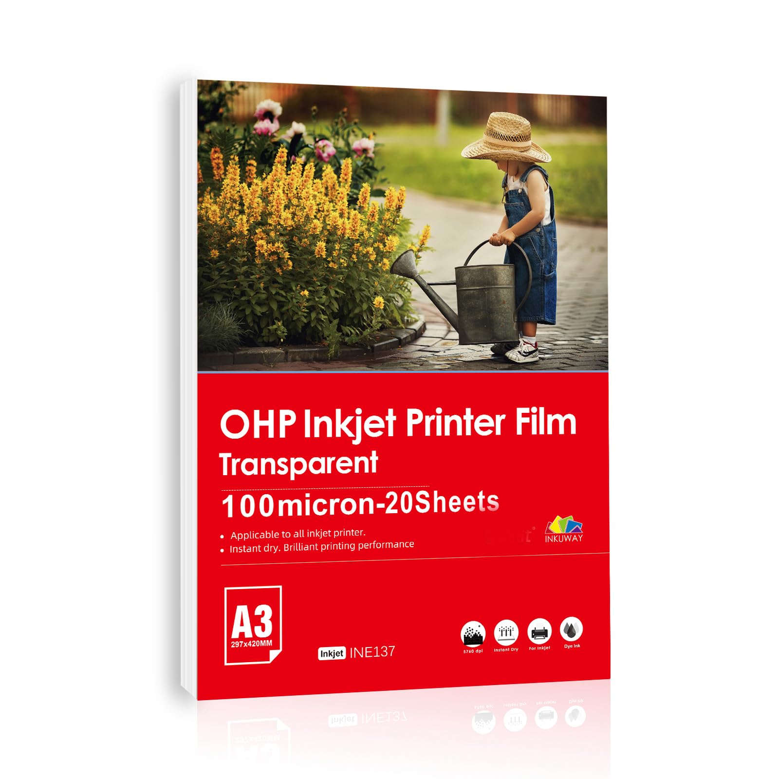 A3 Película OHP de inyección de tinta - 20 hojas de película de papel transparente para retroproyector con sensor de disparo para impresora de inyección de tinta (420 x 297 mm)