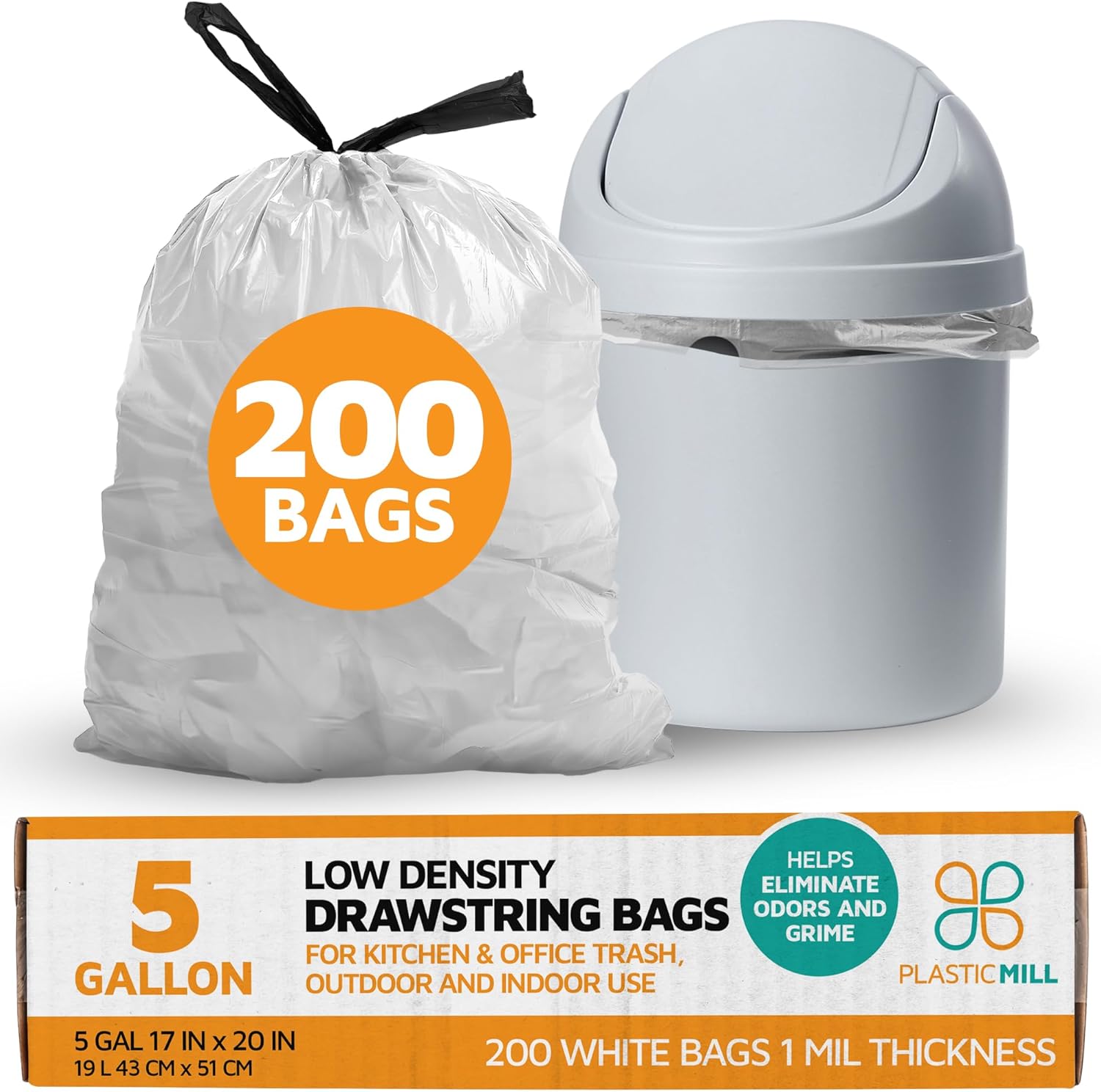 PlasticMill Drawstring Trash Bags - White Garbage Bags - Plastic Trash Bags - Kitchen, Bathroom, Office Garbage Bags, Trash Can Liners - 5-Gallon Small Trash Bags, 1 Mil, 17"x20" (200-Count)