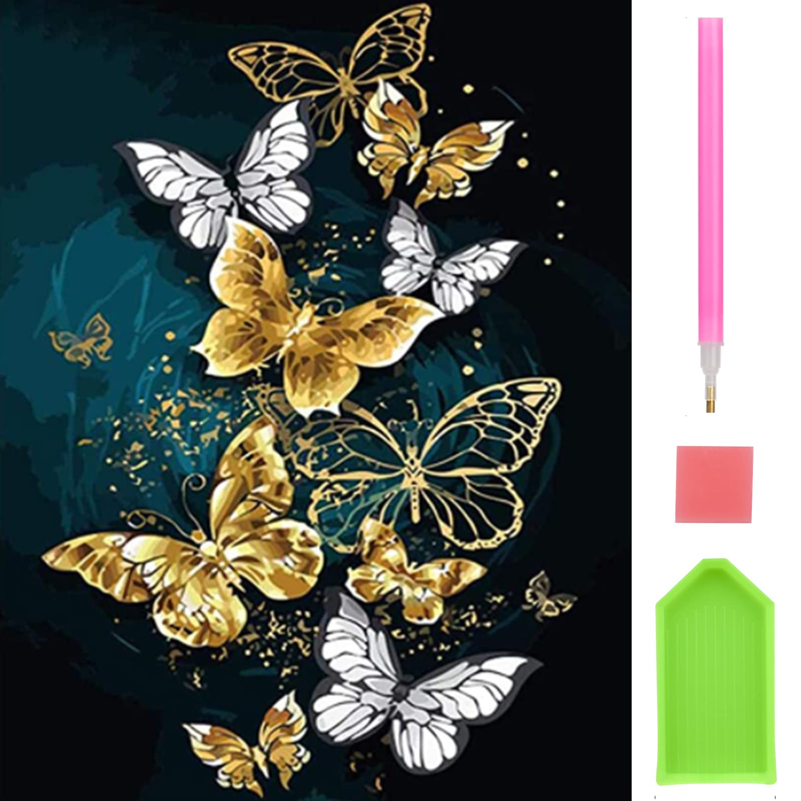 GOTRUST Butterfly Diamond DIY Painting, 5D Diamond Art Kit for Adults Kids, Rhinestone Embroidery Full Drill Set, Gold White Butterfly Crystal Paint Art by Numbers Picture for Wall Decor 30x40cm