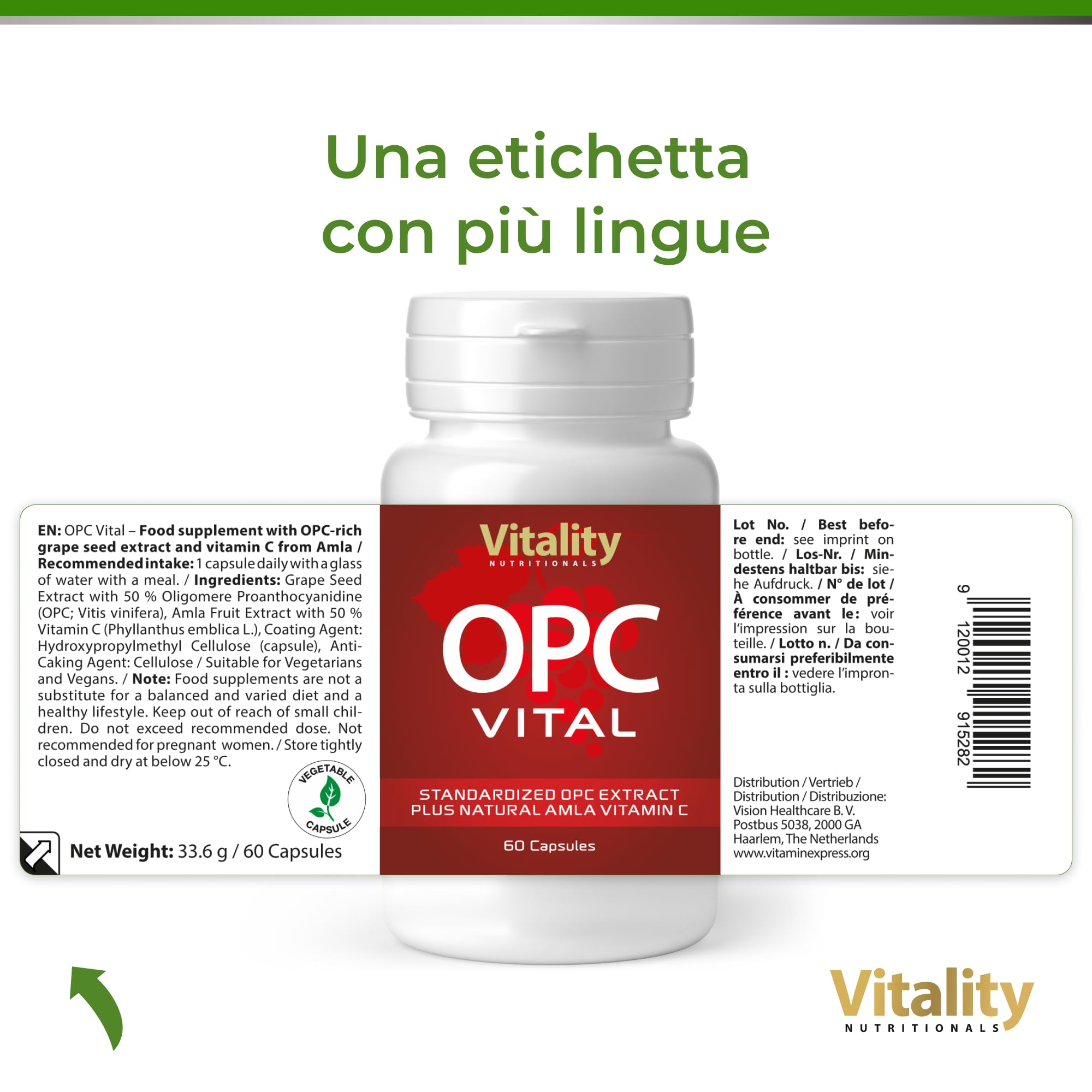 Estratto di Semi d'Uva, OPC, Estratto di Amla e Vitamina C. Integratore di Uva Francese Pregiata. Anti-invecchiamento, Antiossidanti. Senza Additivi. Vitality Nutritionals by VitaminExpress