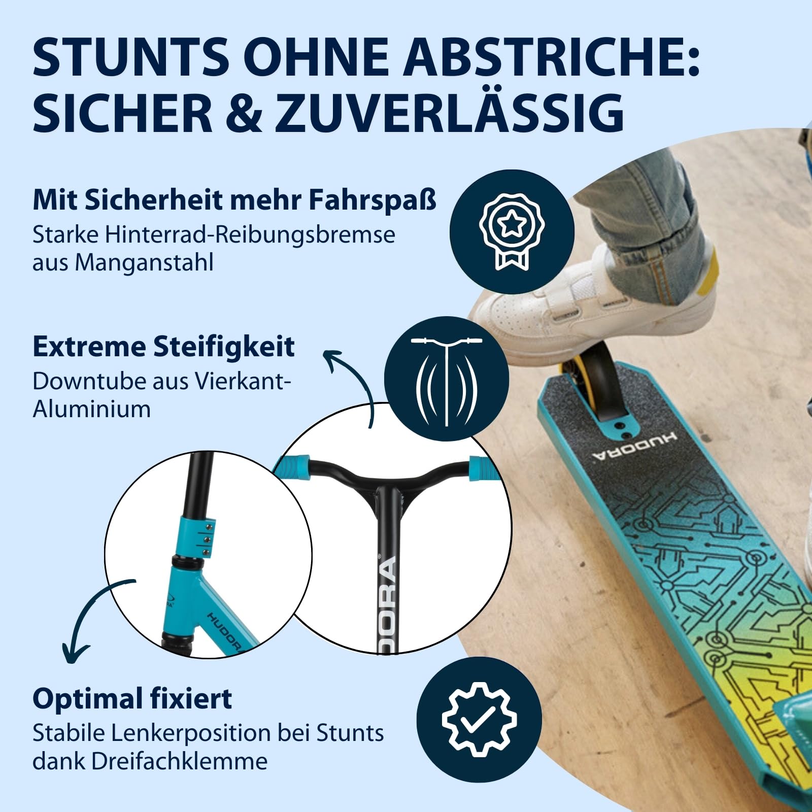 HUDORA Stuntscooter Kids - 360° Lenkung - Tretroller - ABEC 9 Kugellager - Robuster Funscooter, Kickscooter, Stunt Scooter, Trick Roller, Cityroller