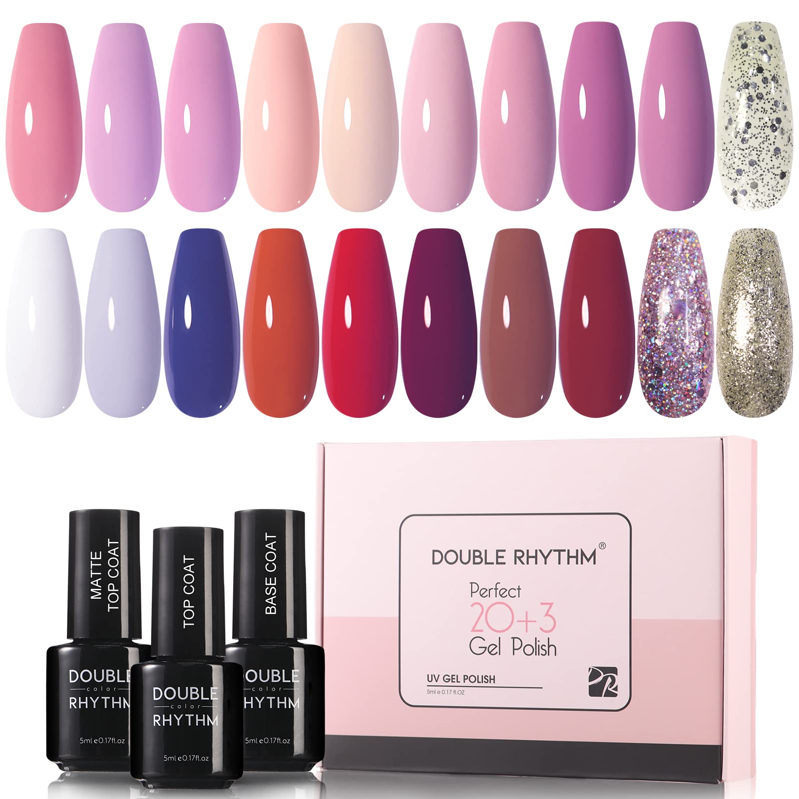 Double Rhythm Gel Nail Polish Kit 20 Colors with Base and Glossy & Matte Top Coat 5ml each Bottle Soak Off Pastel Gel Polish Set Art Manicure Salon DIY at Home