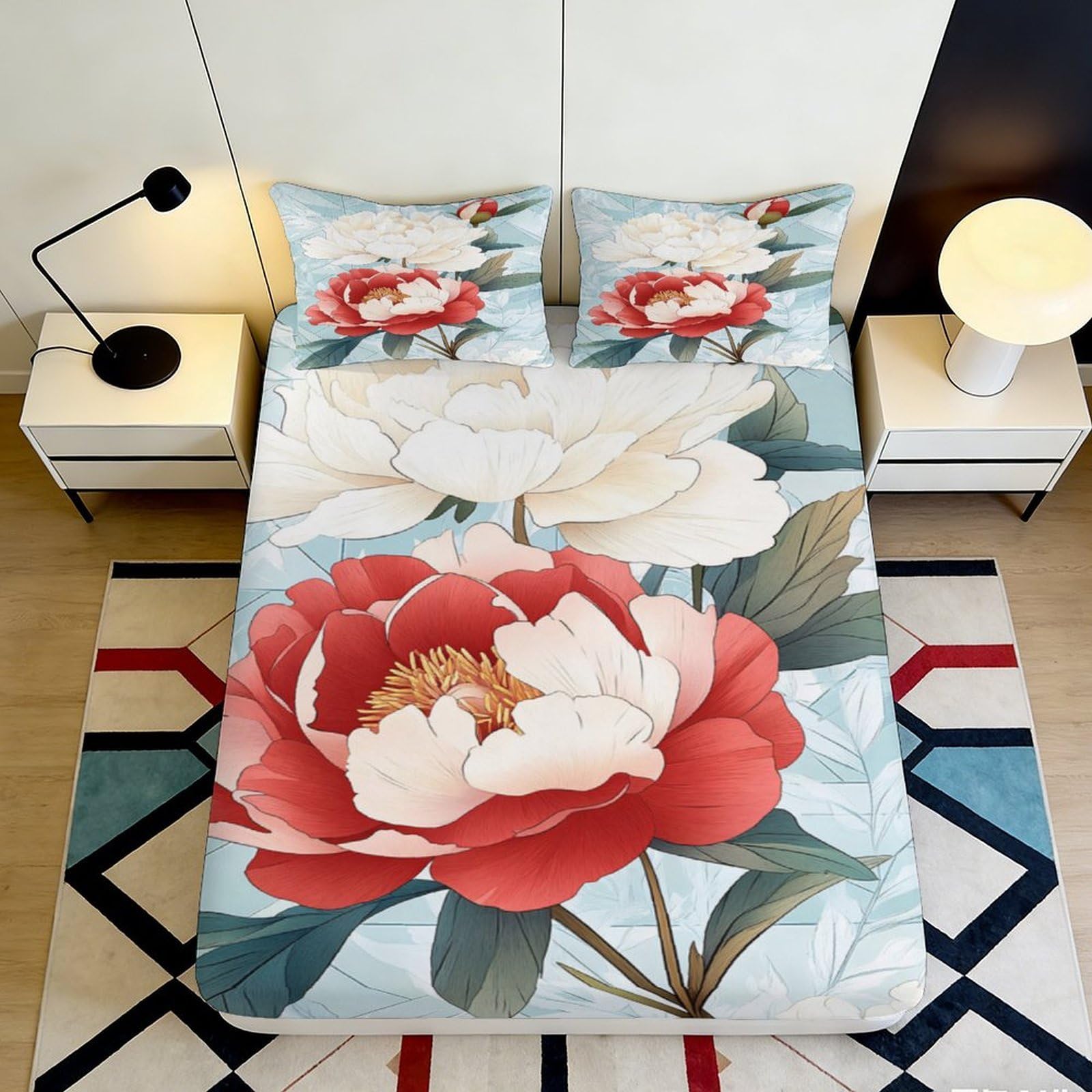 Pnayamiorkfel Style-7 3D Printed Peony Blossom Fitted Sheet Microfiber Soft Breathable Floral Mattress Cover For Bedroom Guest Room Decor 90X200x25cm